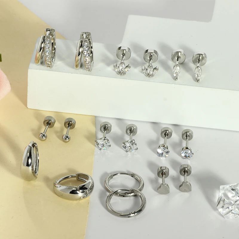 Flat Back Earrings for Women Hypoallergenic Steel Stud Hoop Earrings for Sensitive Ears Stainless Steel Flatback Earing set