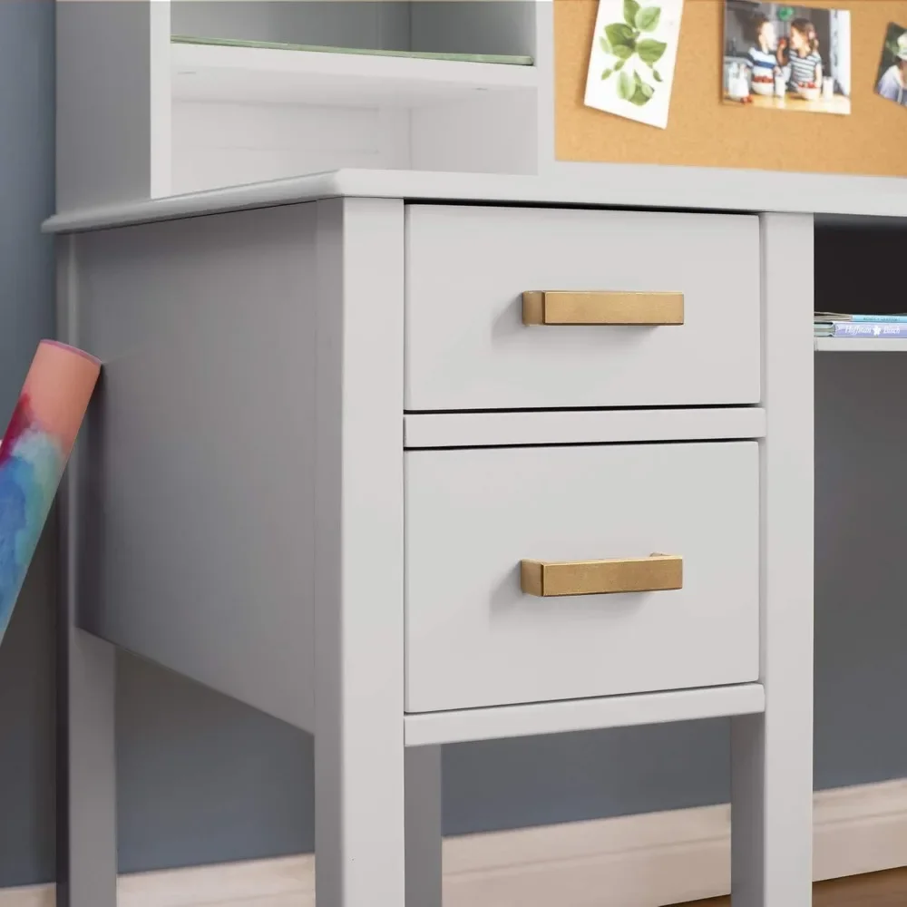 Taiga Desk, Hutch and Chair-Gray: Kids Wooden Computer Study Desk Set with Storage Shelves, Corkboard, and Drawers Children's