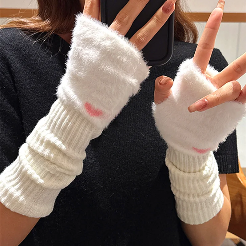 New Winter Women Long Gloves Warmer Stylish Knitting Faux Wool Mitten Fingerless Rabbit Fur Work Gloves Arm Wrist Femme Gift winter faux rabbit fur gloves arm warmer fingerless wrist gloves knitted mitten female winter mittens half finger mitten ladies