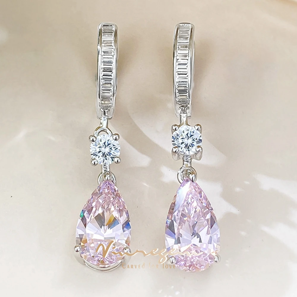 

Vinregem 7*12 MM Pear Cut Lab Created Pink Sapphire Gemstone Drop Earrings for Women 100% 925 Sterling Silver Jewelry Wholesale