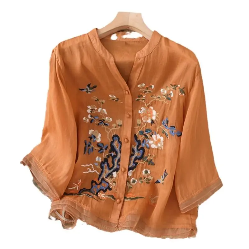 New Women Clothing Flower Embroidery Tops Tang Costume Chinese Style Shirts Traditional Cheongsam Blouse For Lady Female