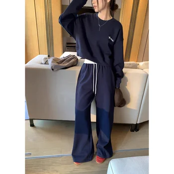 2025 Women 2 Piece Sweatshirt Pant Set Good Quality Fashion Cotton Blend Sporty Tracksuit Wide Leg Sweatpant Suit Outfits 1