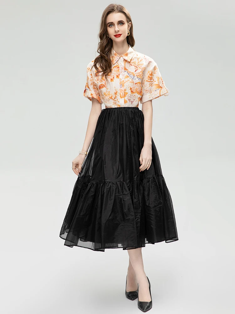 

MoaaYina New Summer Fashion Runway Vintage Suit Women's Short Sleeve Flower Printing Coat+Ruffled Edge Dresses