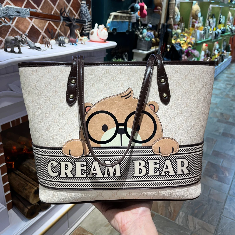 

CREAM BEAR Single Shoulder Big Bag Puppy Bear Trend Casual Fashion Large Capacity Cartoon Cute Tote Bag Commuting Mom Bag Female