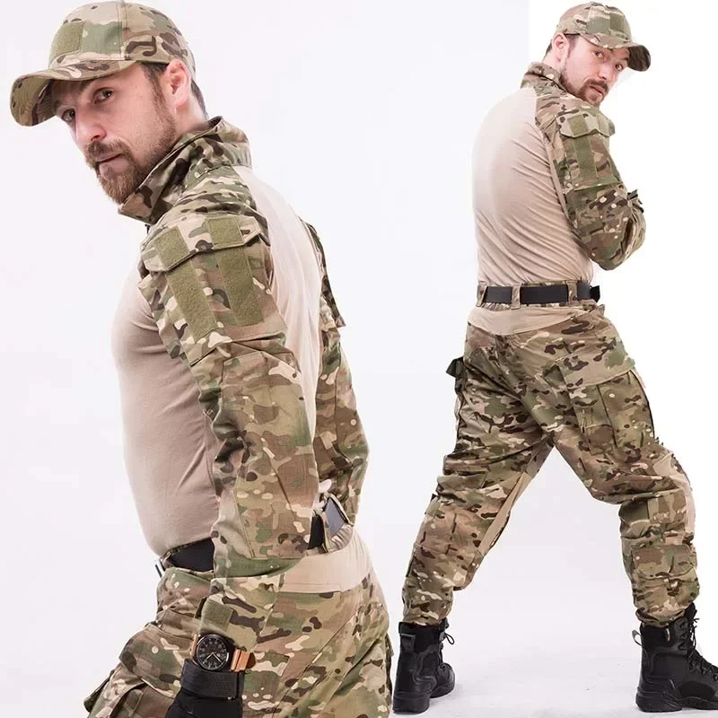 Combat Uniform +Pads Safari Tactical Pants Sport Climbing Uniform Camo Shirt Combat Shirts Hunting Clothes Men Clothing Camping 6