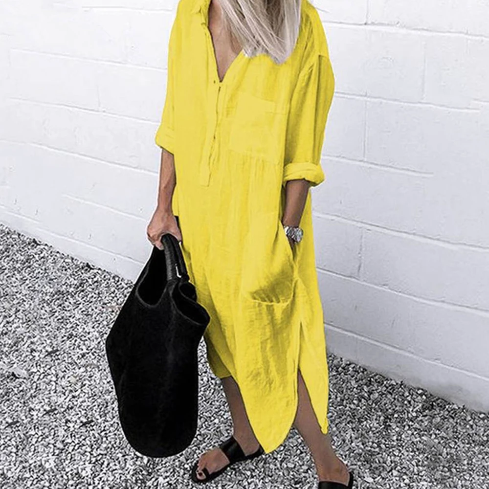 thumbnail image 1 of 2024 Summer Fashion Beach Style Long Dress Plus Size Solid Ladies Shirt Dress Female Clothing Short Sleeved Loose Long Dress, 1 of 5