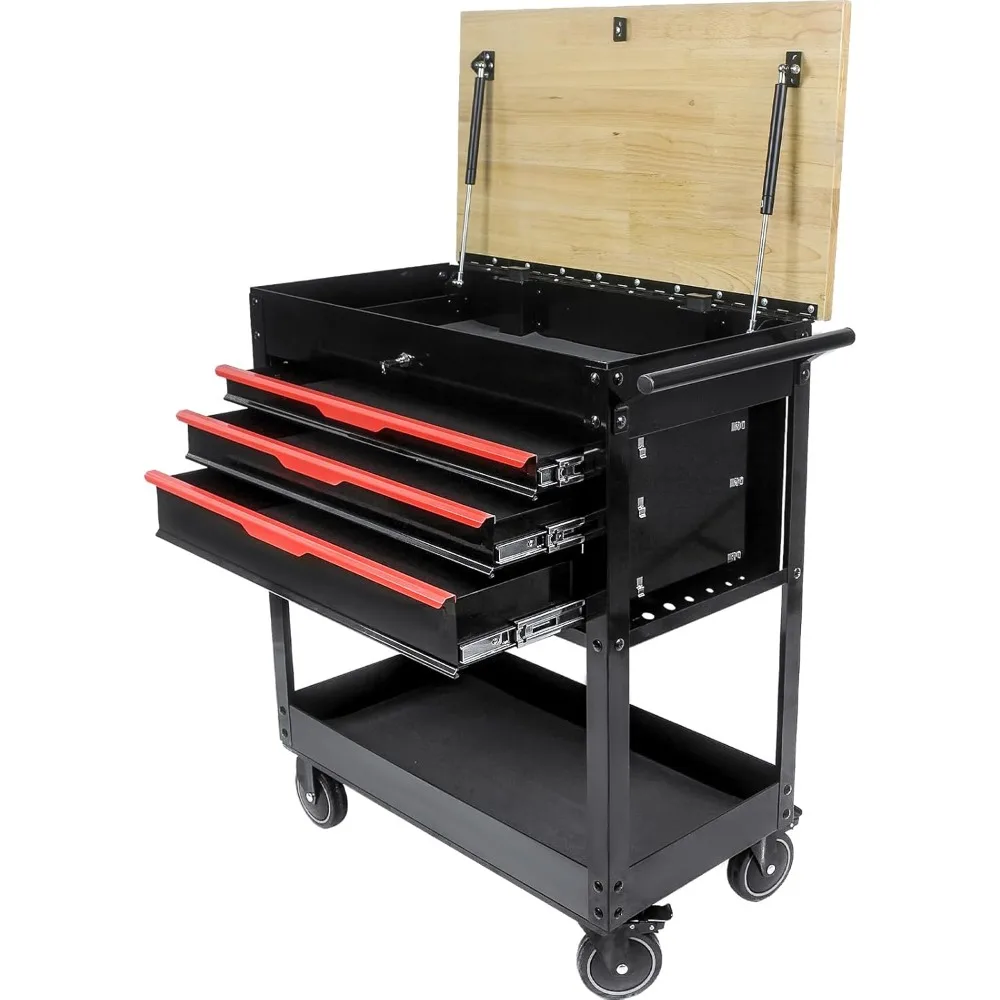 3-Drawer Rolling Tool Chest Cabinet, 38-Inch Tool Box, Multifunction Tool Cart with Wheels and Wooden Top, Drawer Liner, Mobile 2