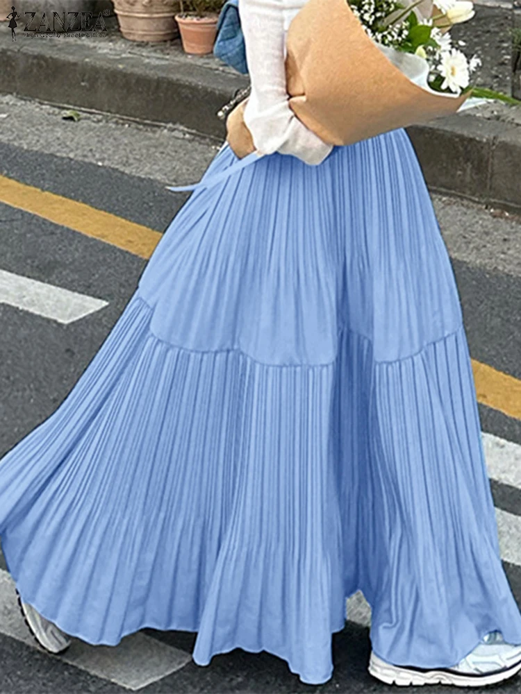 2025 ZANZEA Oversized Summer Maxi Skirts Women Elastic Waist Pleated Long Skirt Casual Solid Color High Waist Ruffled Skirts 3