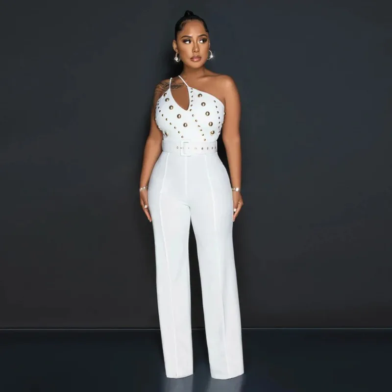 

WUHE Elegant Wide Leg Jumpsuit Women One Shoulder Cut Out Backless Rompers Womens Jumpsuits Rivet One Piece Club Outfits