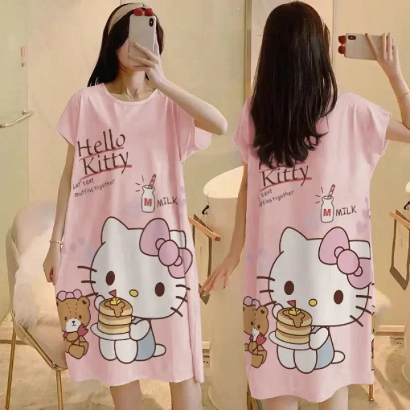 Kawaii Hello Kitty Summer Ladies Nightdress Anime Sanrio Kuromi Pachacco Cartoon Cute Sweet Cotton Pajamas Homewear
