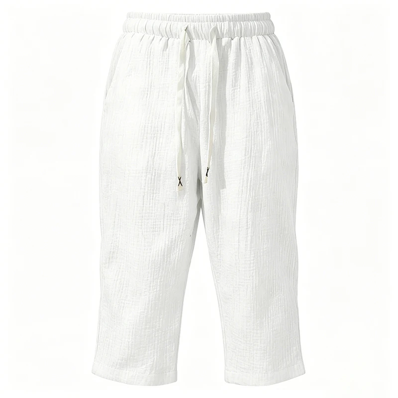 Summer Men Linen Capri Pants Drawstring Waist Loose Solid Color Casual Trousers For Daily Beach Vacation Outdoor Travel Wear 3
