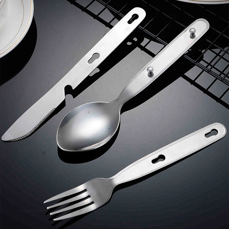 3Pcs Portable Stainless Steel Tableware Fold Knife Fork Spoon Utensil Set Travel Outdoor Dinnerware Camping Cooking Flatware