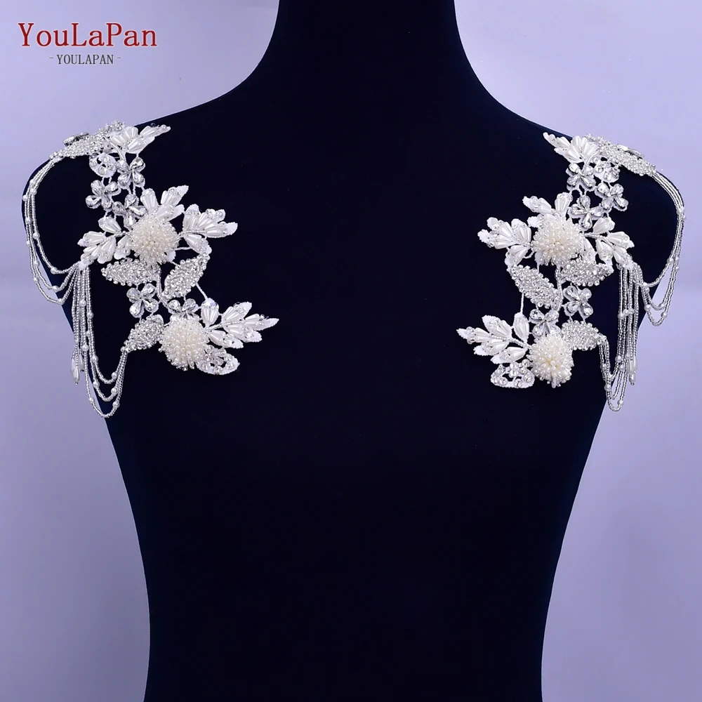 

YouLaPan S482 Pearl Flower Shoulder Decorative Patch Tassel Beaded Clothing Epaulette for Wedding Dress Accessories Applique