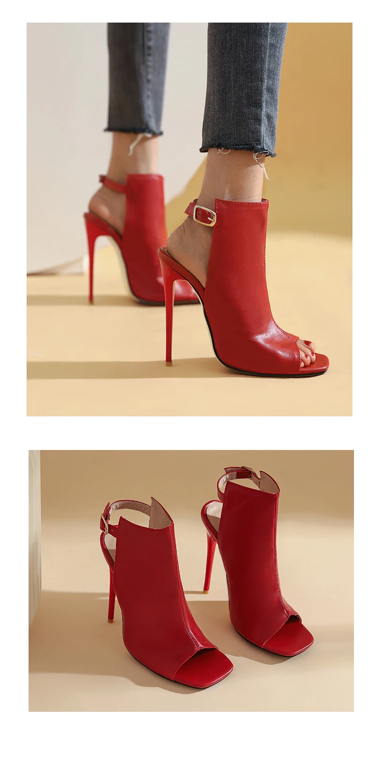 Heiße Frauen Schwarz RedPatent Leder Peep Toe Patchwork Slingback Dünne Heels Stiefeletten Weibliche Stiletto Ferse High Heel Pumps Schuhe – Detail 20