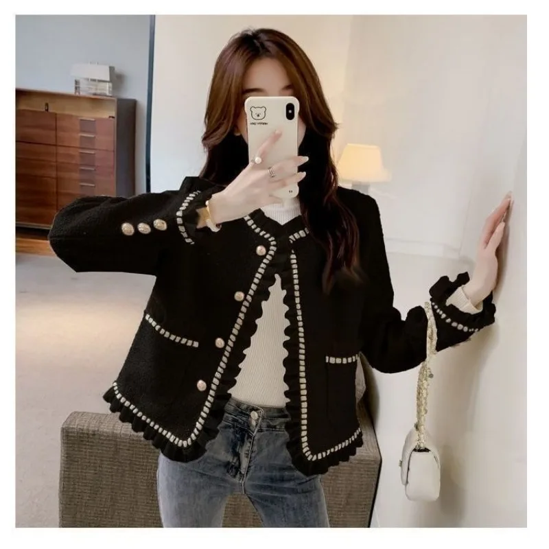 Korean Chic Tweed Jacket Women Coat Long Sleeve Vintage Mesh Patchwork Tweed Blouse Cropped Jacket Short Tops Clothes Women