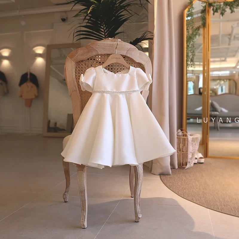 

3-8 Y Girls Dresses Birthday Prom Elegant Cute Pearls Bow Dress Short Sleeve Princess Casual Round Neck Evening Ball Gown