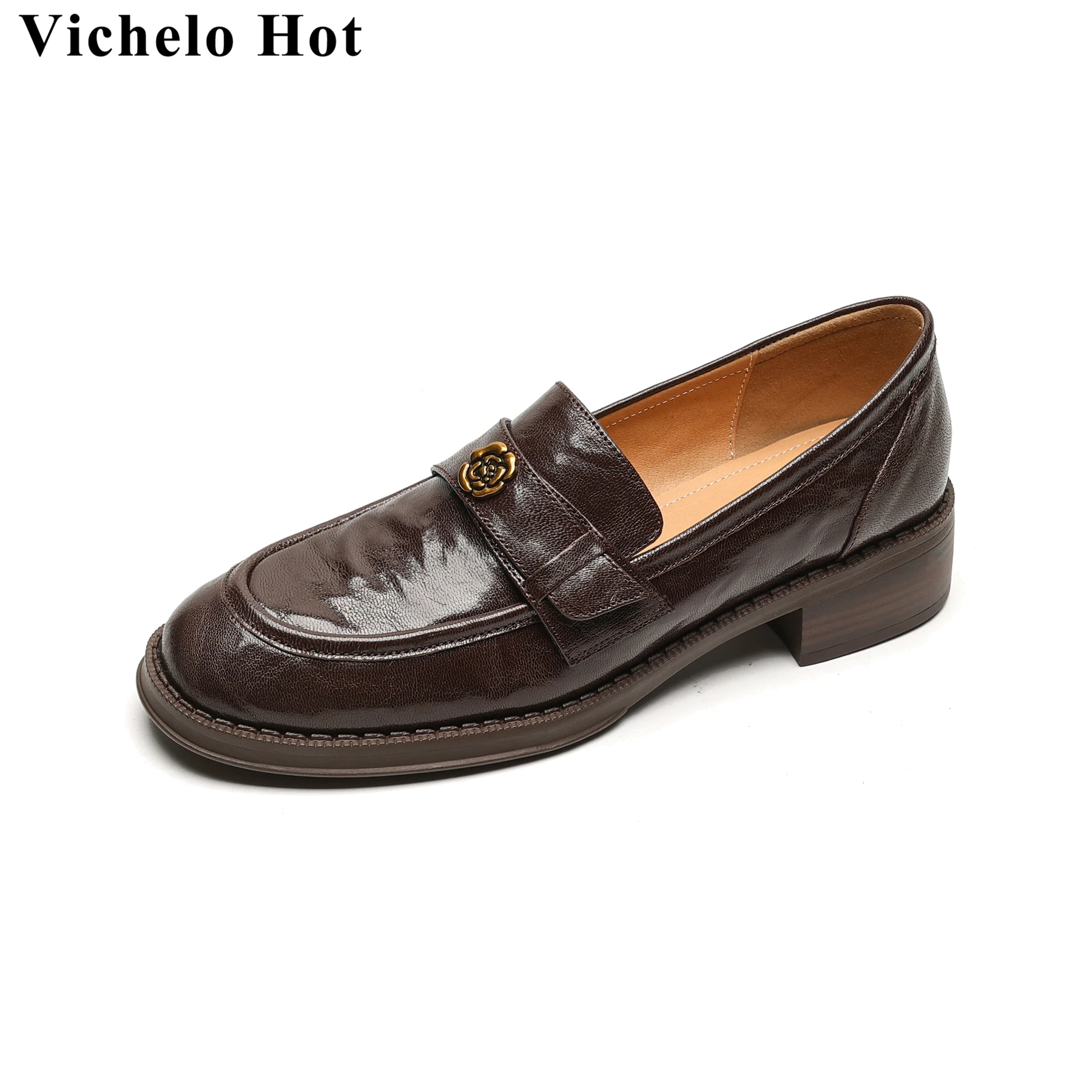 

Vichelo Hot 2024 Sheep Leather Round Toe Med Heels Spring Casual Shoes Elegant Vintage Loafers Slip On Runway Brand Women Pumps