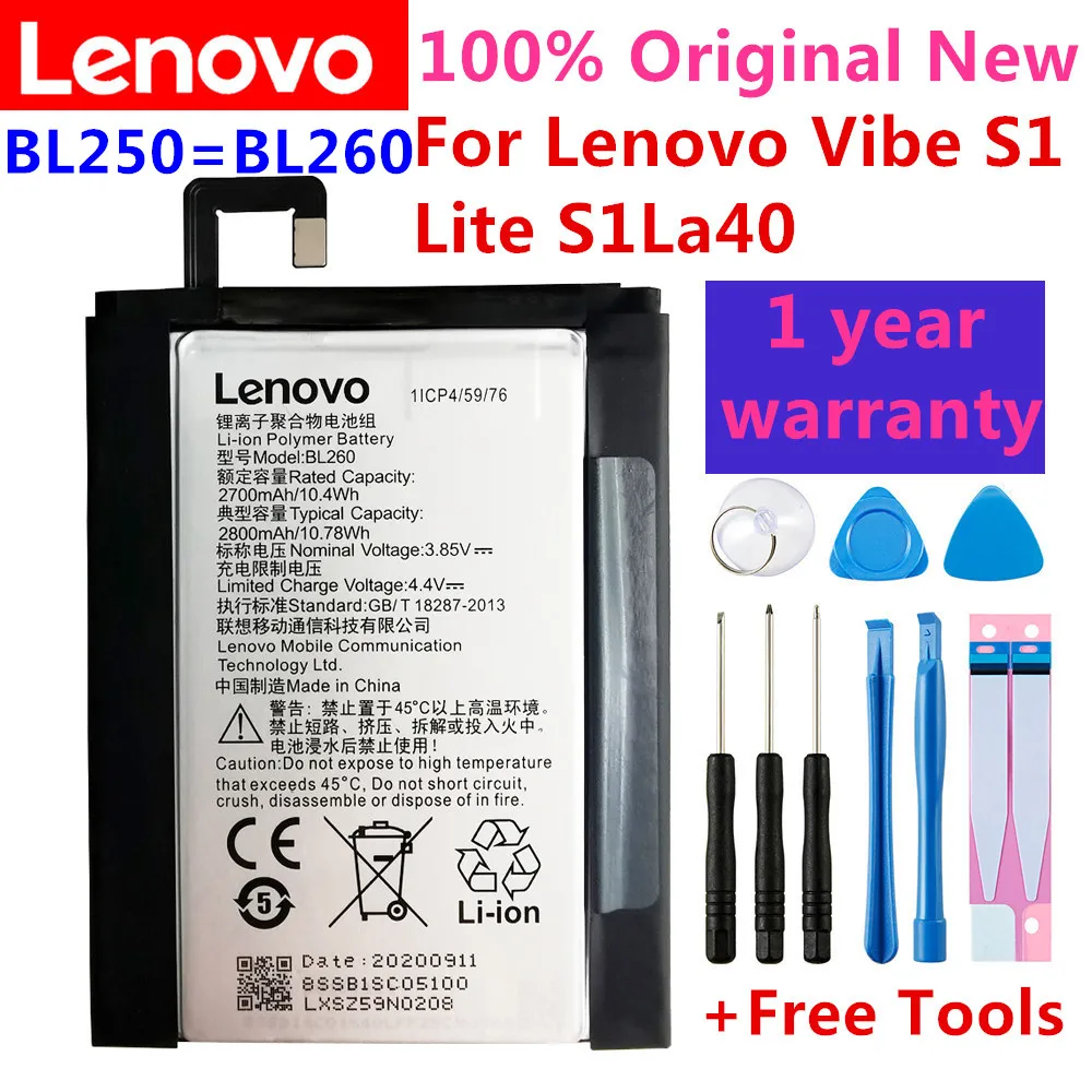 

2020 Years 100% Original New High quality 2800mAh BL250 / BL260 battery Batterie for Lenovo VIBE S1 S1c50 S1a40 s1 a40 Batteries
