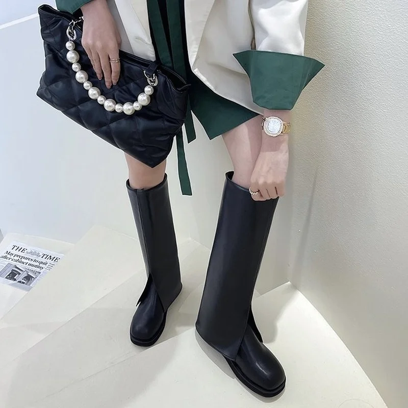 TSTCTB New Autumn Winter Women Knee-High Boots Round Toe Leather Black slip-on Mid Heel Fashion Boots For Ladies 2022 new