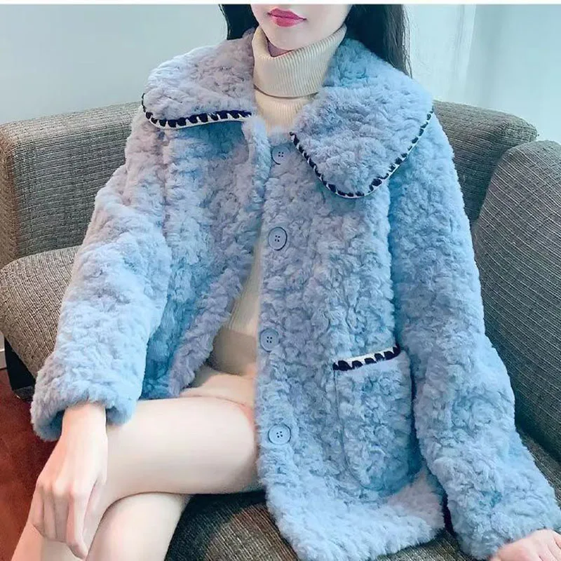 New Fashion Autumn And Winter Small Short Doll Neck Lamb Plush Coat For Women's Sweet And Versatile High Quality