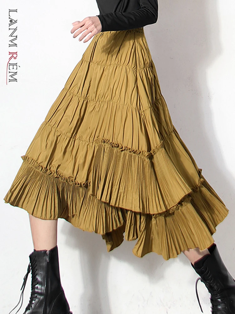 LANMREM Asymmetrical Ruffles Skirt For Women High Waist Irregular Skirts Female Streetwear Fashion 2022 Autumn Summer 2N319