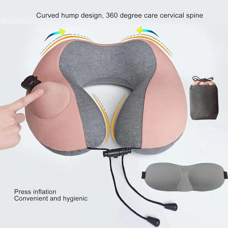 

Press Inflatable U-shaped Neck Pillow Travel Nap Head Rest Cushion with Storage Bag for Traveling Airplane Car Sleeping