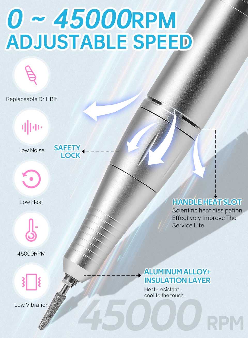 Description Picture 5 of itemDianaBeauty 45000RPM Nail Drill Machine Professional Nail Drills for Gel Nails Polish Rechargeable Portable Nail File Nail Art