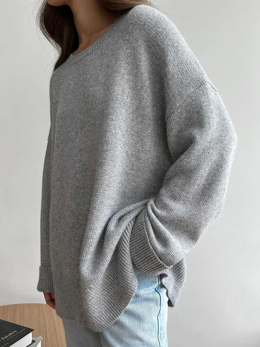 

Solid O Neck Knitted Sweater Women Loose Long Sleeved Oversize Pullover Top 2023 Autumn Winter Female Casual Sweaters