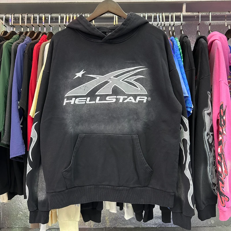 

Real Photo HELLSTAR High Street Fashion Vintage Side Face Printing Black Hoodie Fleece Men Women Loose Fitting Hooded Top