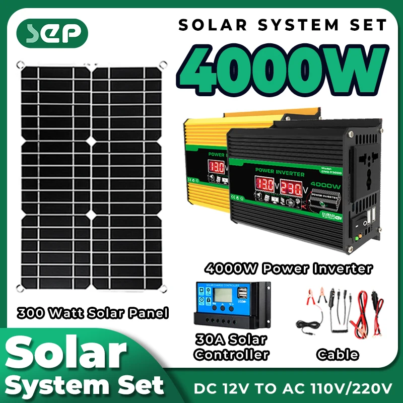 

Combination Solar System 4000W 12V to 220V110V Inverter 30A Controller 18V Solar Panel Smart Charge supply portable Camping Car