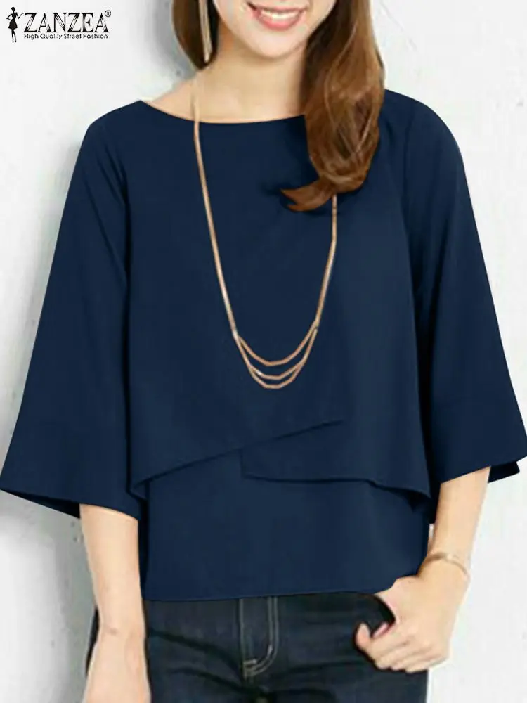 

ZANZEA Women Half Sleeve Blouse 2024 Summer Double Layer Chic Tops Shirt Casual Round Neck Tunic Simple Solid Blusas Oversizd