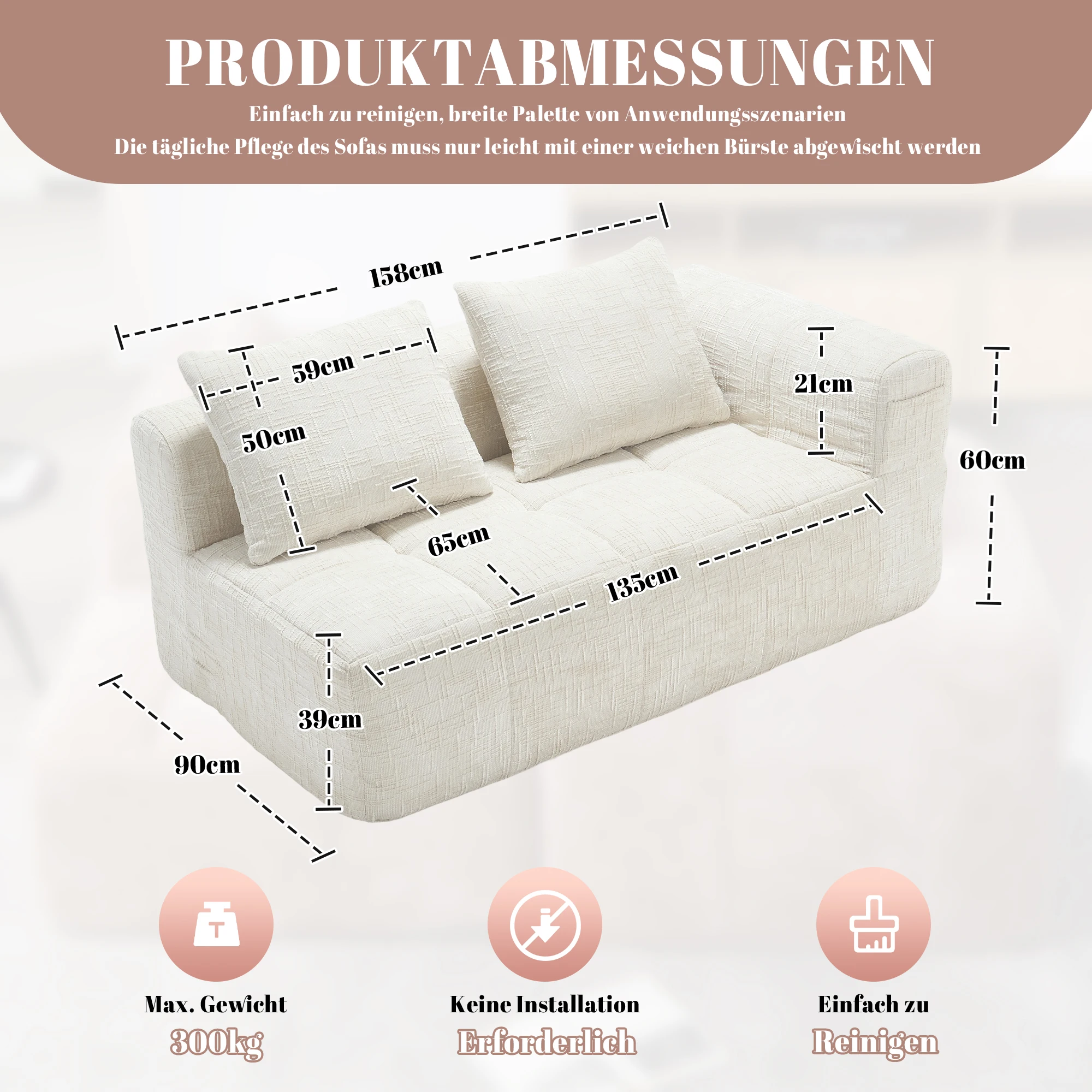 KOMHTOM Bequemes 2-Personen-Sofa, Kein Zusammenbau erforderlich, Flauschiges Kissen + Seitentaschen für Fernbedienung/Handy – Detail 9