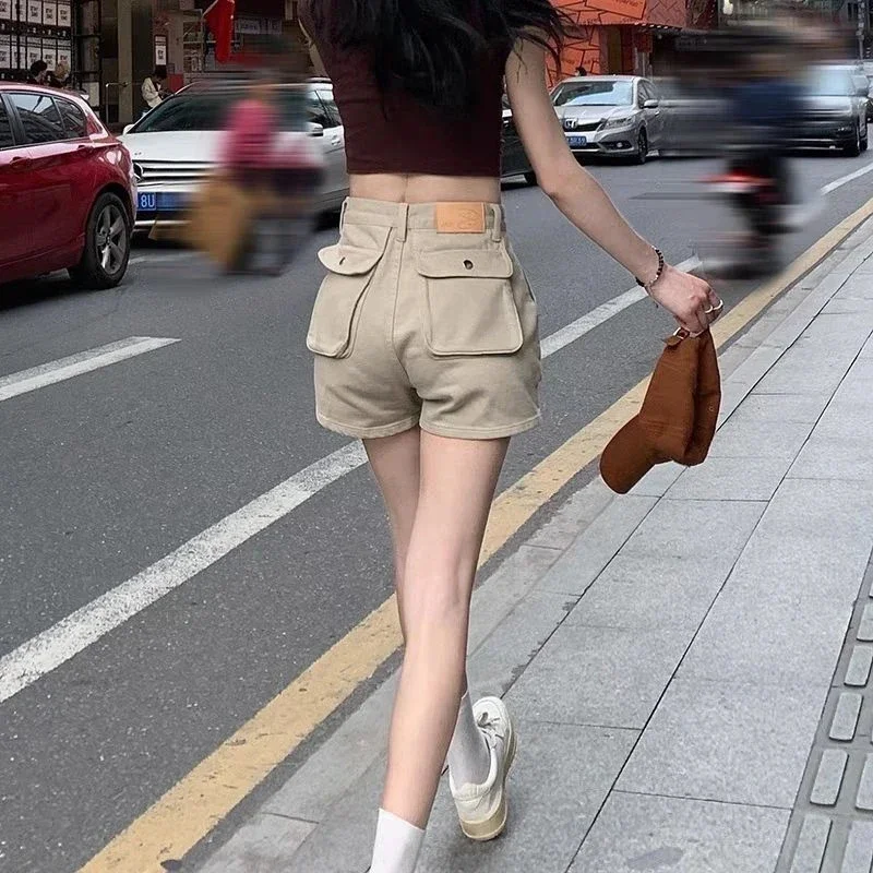 Cargo Denim Shorts Women Streetwear High Waist Slim Jeans Shorts Summer Vintage Khaki Pockets Casual All Match Short Pants
