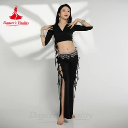 Customized Long - Sleeved Top and Light Luxury Diamond Pants for Professional Bellydance Performance (Black)