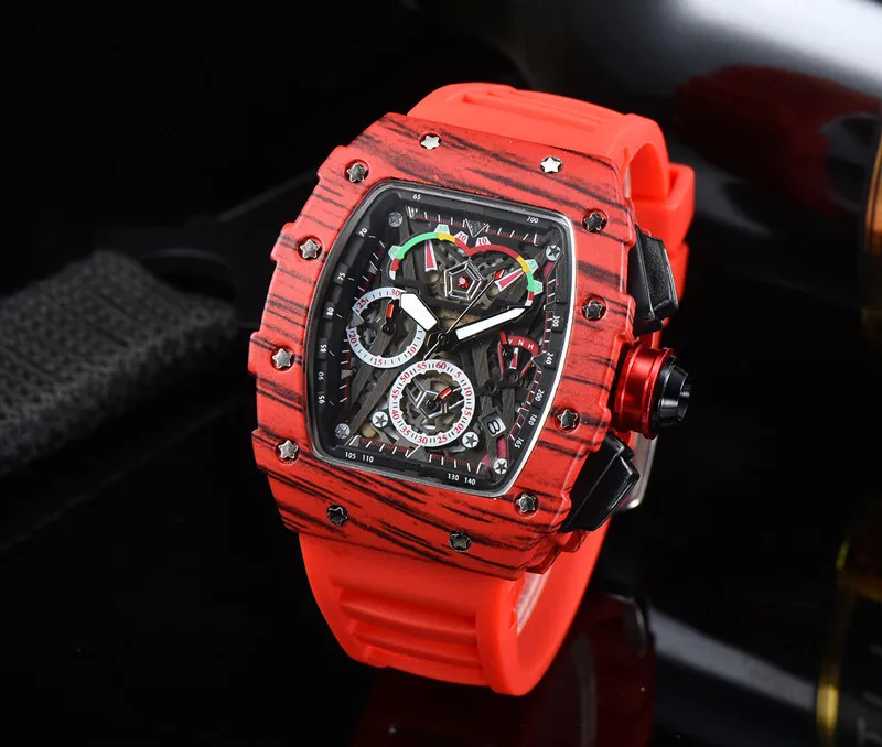 2022 Full-featured 6-pin Men's High Quality Quartz Watch Hollow Glass Back Stainless Steel Case Watch Black Rubber 