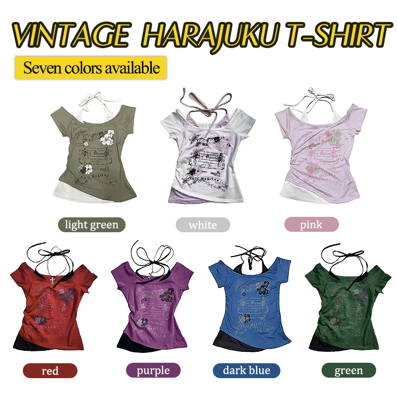 Vintage Retro Grunge Flower Print Crop Top - Y2K Summer Fashion Streetwear Halter Tee