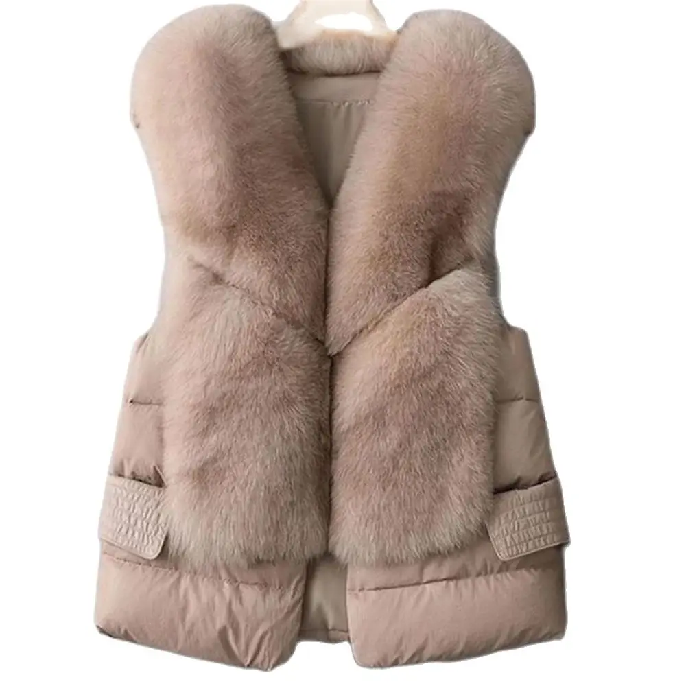 

Women's Sleeveless Jacket Artificial Fur Coat Winter Korean Fashion Female Waistcoat Outerwear Warm White Duck Down Vests Gilet