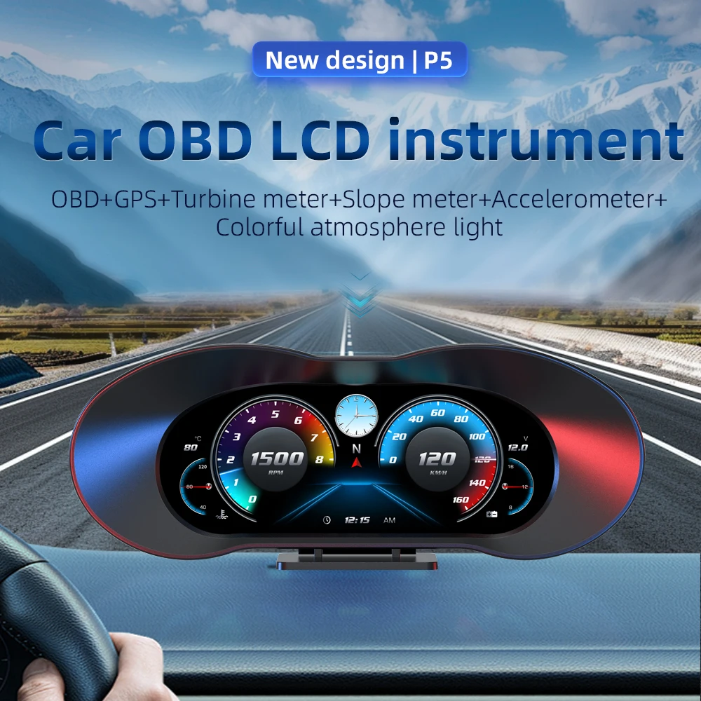 AD OBD+GPS 자동차 헤드업 디스플레이 터빈 게이지 경사계 대형 화면 LCD HUD 자동차 속도계 OBD2 디지털 온보드 컴퓨터 P5