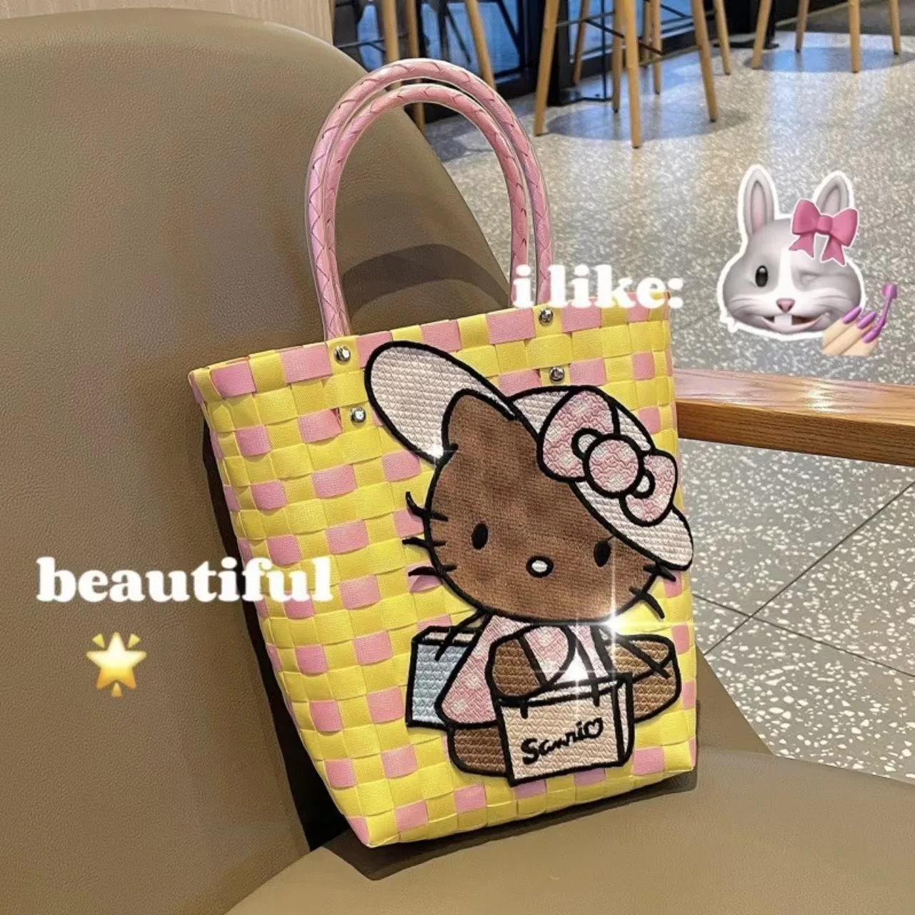 

Hawaiian Bikini Hellokittys Y2k Woven Bag Kawaii Girly Heart Handbag Cute Fashion Large Capacity Storage Shopping Bag Women