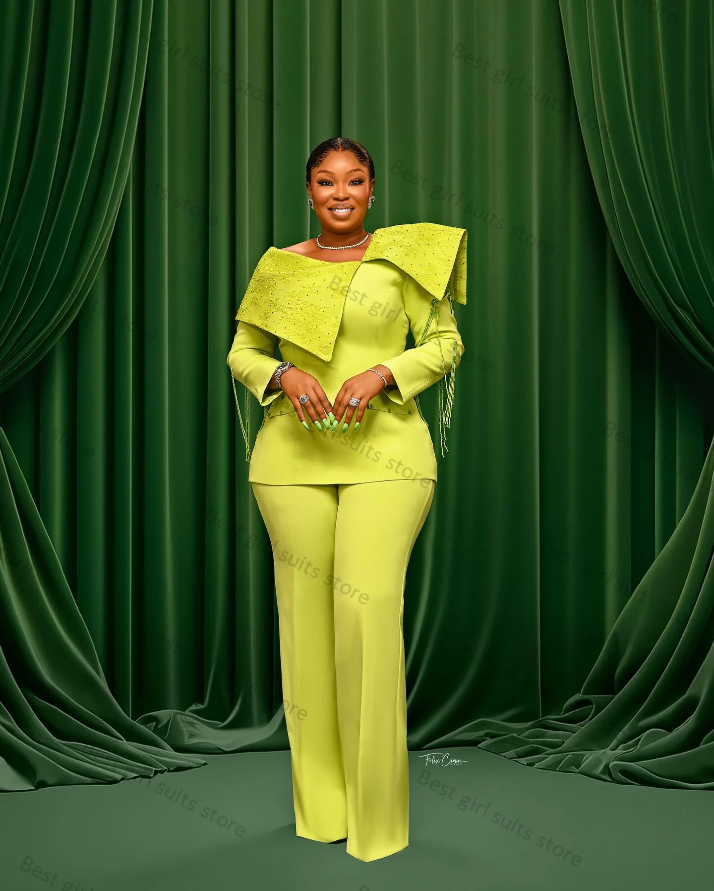 

Designer Yellow Women Suit Pant Set 2 Piece Jacket+Trousers Luxury Crystal Tassel Blazer Wedding Tuxedo Tailored Coat Prom Dress