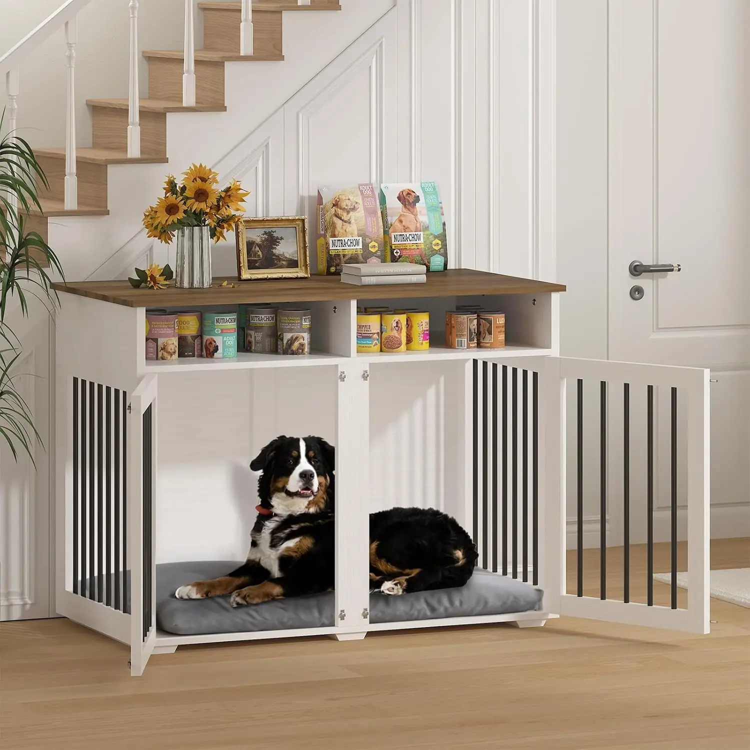 41 inch Dog Crate Furniture for 2 Dogs, Wooden Dog Cage with Storage Compartment, Indoor Dog Kennel with 2 Doors for Medium