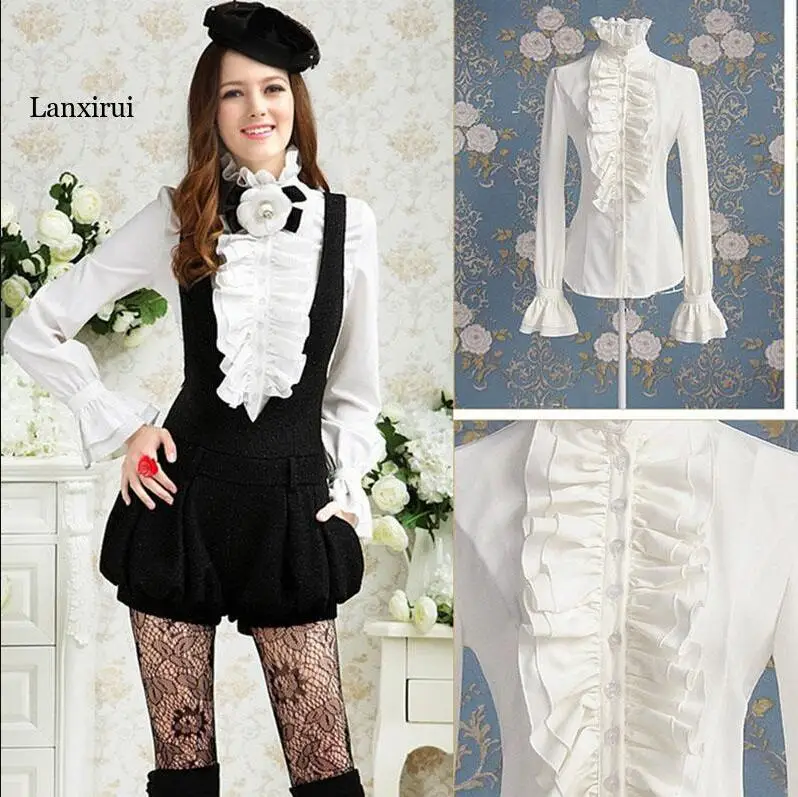 

Gothic Punk Style High Ruffle Collar Blouse For Women Button Shirt Ruched Slim Fitted Top Victorian Theater Costume Lady