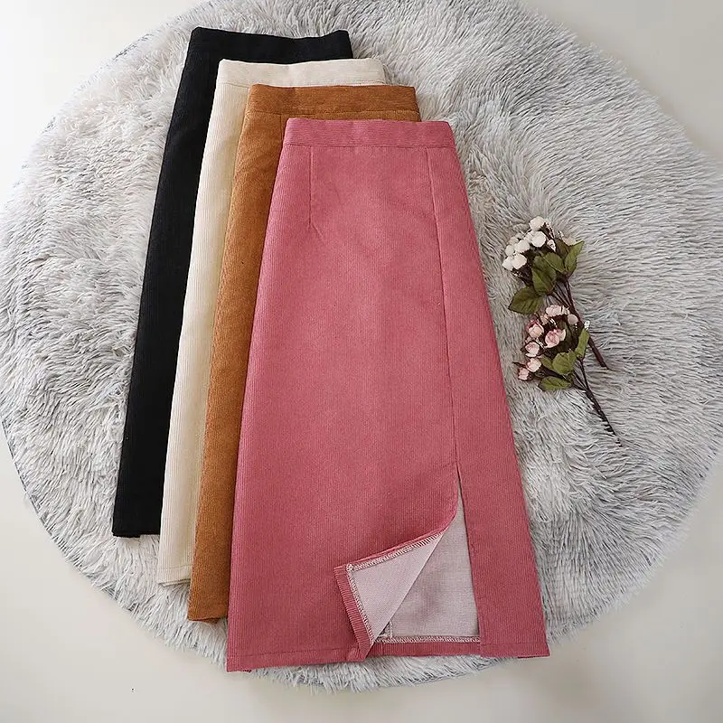 

Women 2023 Autumn Winter Retro Solid Color Corduroy Skirts Female High Waist Split Skirts Ladies Long One-step Skirts U438