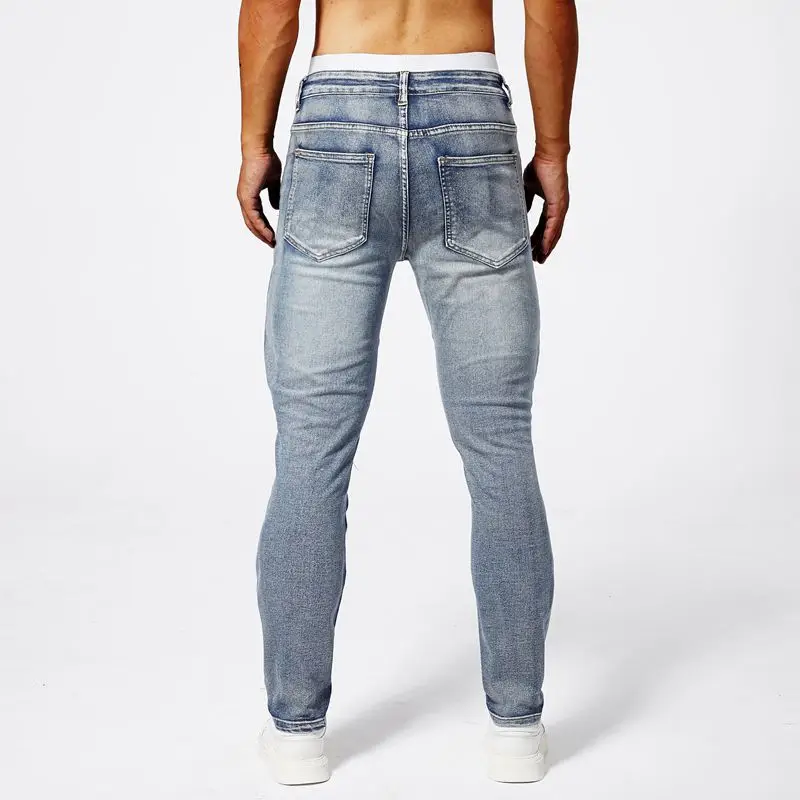Two tone distressed patchwork jeans for men trendy jeans for summer thin straight leg pants slim fit small leg distressed jeans 4