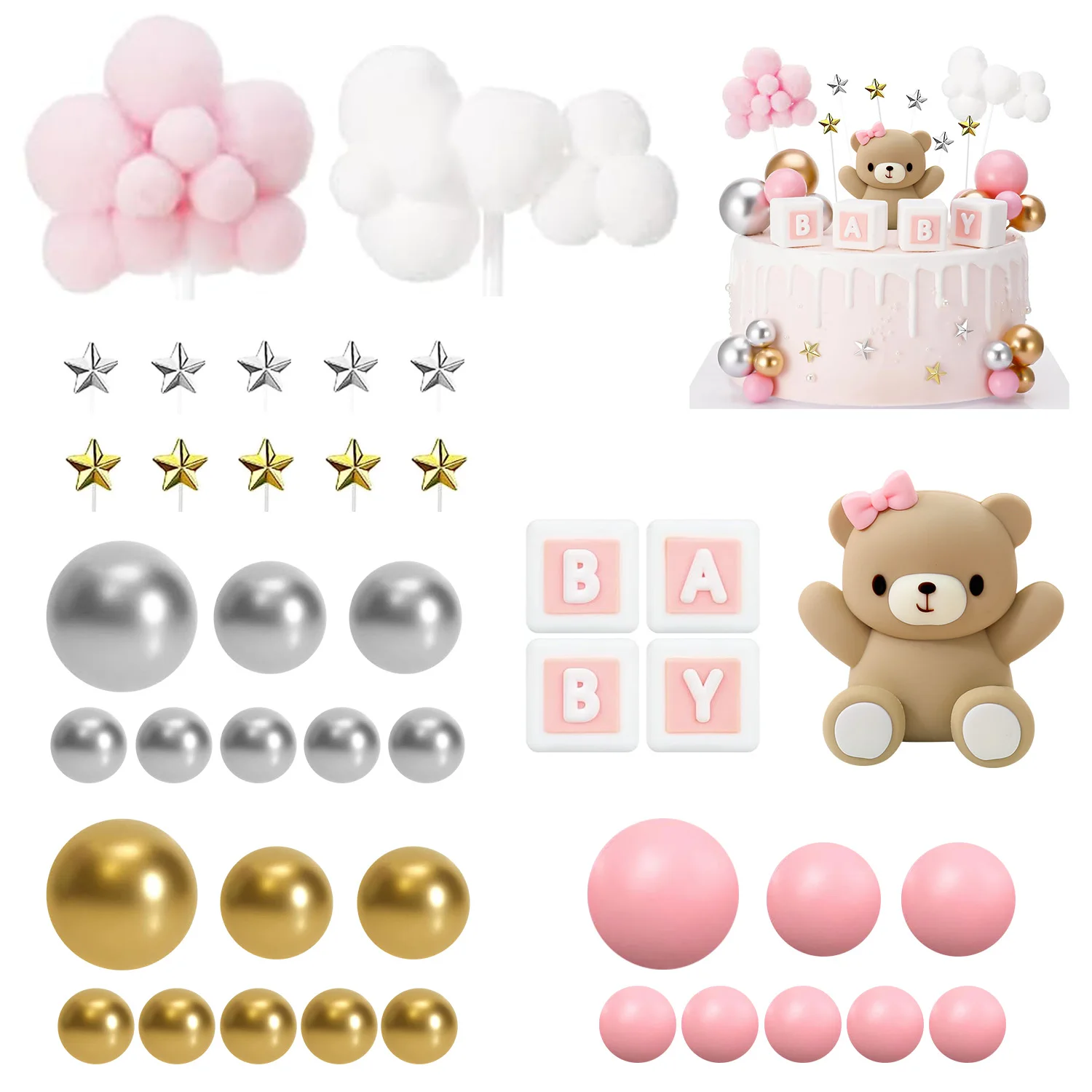 JeVenis Taartdecoratie in de vorm van een teddybeer voor meisjes, 1 jaar, bruin, taartdecoratie voor bruiloft, babyshower, verjaardag