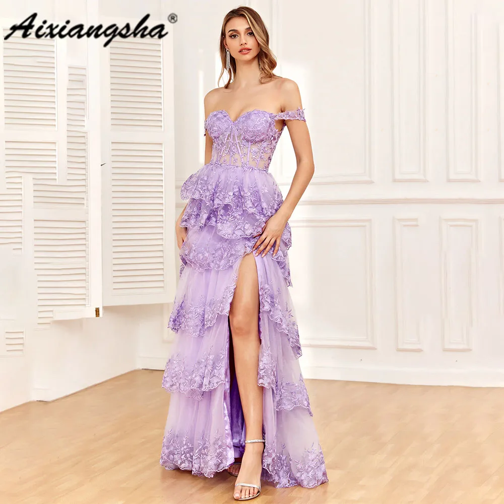 

Aixiangsha Off the Shoulder Purple Corset Prom Dress with Slit High Slit Evening Dres vestidos de noche For Women Custom Made