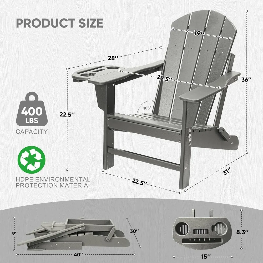 Adirondack Chair Set of HDPE Folding Adirondack Chair w/4 in 1 Cup Holder Trays,Weather Resistant Outdoor Chair, 3