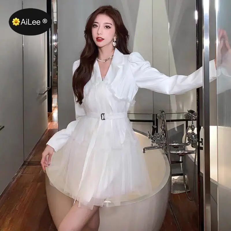 L-4XL Autumn Winter Fashion Blazer Puff Sleeve Mesh Ruffle Dress Women Elegant Retro Chic Blazer Ball Gown Dress Women Trench