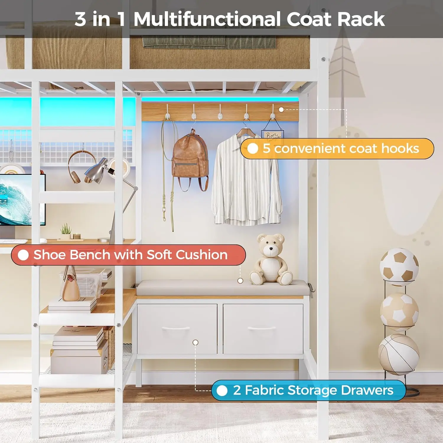Twin Loft Bed with L-Shaped Desk Storage Shelves and Charging Station Twin Size Metal Loft Bed with LED Lights and Coat Rack wit