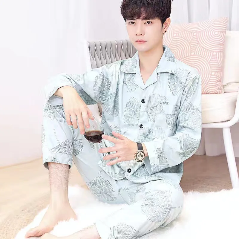 Spring Autumn Men's Pajamas Knitted Cotton Long Sleeve Cardigan Oversized Casual Printed Home Clothing Set Elegant Sleepwear